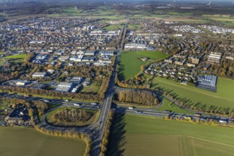 Aerial view, motorway A40, junction Neukirchen-Vluyn, commercial area Lintorfer Straße, Neukirchen,
