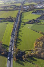 Aerial view, motorway A40, junction Neukirchen-Vluyn, commercial area Lintorfer Straße, Neukirchen,