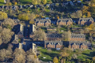 Aerial view, residential area Bergwerkssiedlung Etzoldplatz, Vluyn, Neukirchen-Vluyn, Ruhr area,