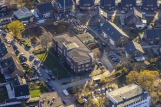 Aerial view, VHS Neukirchen-Vluyn, construction site, new building, residential area, Vluyn,
