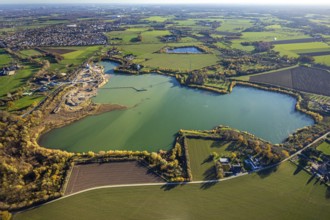 Aerial view, Krefelder Straße quarry pond, meadows and fields, Neukirchen, Neukirchen-Vluyn, Ruhr