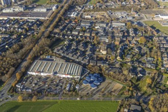 Aerial view, commercial area Lintorfer Straße, toom Baumarkt, Krämer MEGA STORE, Inneboltstraße,