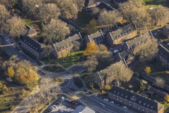 Aerial view, residential area Bergwerkssiedlung Etzoldplatz, Vluyn, Neukirchen-Vluyn, Ruhr area,