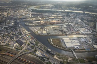 Aerial photo, harbour area, harbour facilities, Obererft, Neuss, city limits Düsseldorf, Rhineland,
