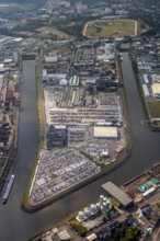Aerial photo, harbour area, harbour facilities, Obererft, Neuss, city limits Düsseldorf, Rhineland,