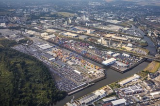 Aerial photo, harbour area, harbour facilities, Obererft, Neuss, city limits Düsseldorf, Rhineland,