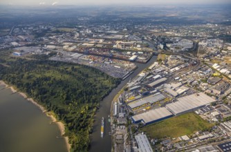 Aerial photo, harbour area, harbour facilities, Obererft, Neuss, city limits Düsseldorf, Rhineland,