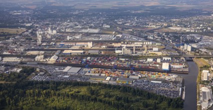 Aerial view, harbour area, harbour facilities, Contargo Neuss GmbH, container loading, container