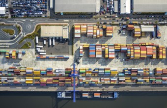 Aerial view, harbour area, harbour facilities, Contargo Neuss GmbH, container loading, container