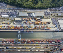 Aerial view, harbour area, harbour facilities, Contargo Neuss GmbH, container loading, container