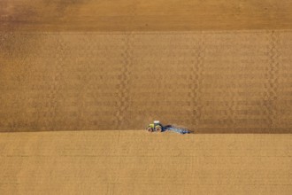 Aerial view, tractor in the field, harvest time, harrowing, Bergheim, Steinheim,