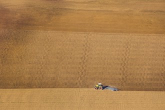 Aerial view, tractor in the field, harvest time, harrowing, Bergheim, Steinheim,