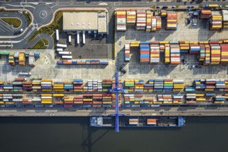 Aerial view, harbour area, harbour facilities, Contargo Neuss GmbH, container loading, container