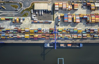 Aerial view, harbour area, harbour facilities, Contargo Neuss GmbH, container loading, container
