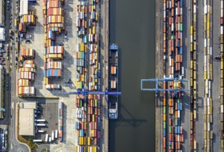 Aerial view, harbour area, harbour facilities, Contargo Neuss GmbH, container loading, container