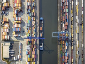 Aerial view, harbour area, harbour facilities, Contargo Neuss GmbH, container loading, container