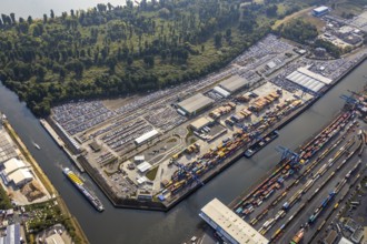 Aerial view, harbour area, harbour facilities, Contargo Neuss GmbH, container loading, container