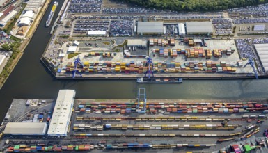 Aerial view, harbour area, harbour facilities, Contargo Neuss GmbH, container loading, container