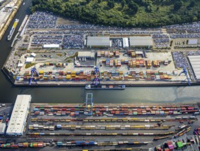 Aerial view, harbour area, harbour facilities, Contargo Neuss GmbH, container loading, container