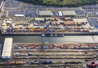 Aerial view, harbour area, harbour facilities, Contargo Neuss GmbH, container loading, container