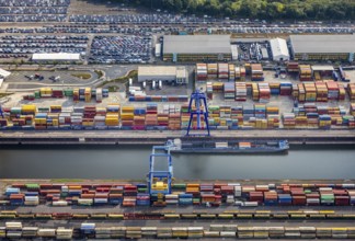 Aerial view, harbour area, harbour facilities, Contargo Neuss GmbH, container loading, container