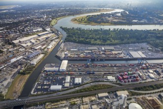 Aerial photo, harbour area, harbour facilities, Obererft, Neuss, city limits Düsseldorf, Rhineland,