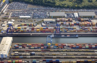 Aerial view, harbour area, harbour facilities, Contargo Neuss GmbH, container loading, container