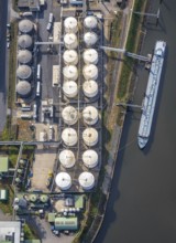 Aerial photo, tank farm, tanker, harbour area, harbour facilities, Obererft, Neuss, city limits