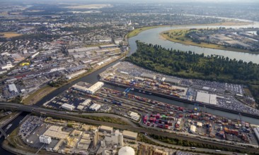 Aerial photo, harbour area, harbour facilities, Obererft, Neuss, city limits Düsseldorf, Rhineland,