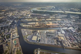 Aerial photo, harbour area, harbour facilities, Obererft, Neuss, city limits Düsseldorf, Rhineland,