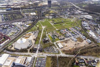 Aerial view, winding tower Osterfeld colliery pit Â½, garden dome, new construction residential