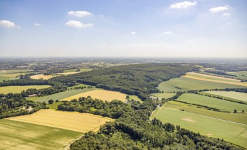 Aerial view, Baumberge forest reserve, Hotel Steverburg, meadows and fields, Nottuln, Münsterland,