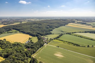 Aerial view, Baumberge forest reserve, Hotel Steverburg, meadows and fields, Nottuln, Münsterland,