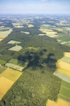 Aerial view, Baumberge forest reserve, meadows and fields, Nottuln, Münsterland, North