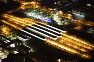 Aerial view, Oberhausen main station, HBF, platforms, tracks, night shot, Oberhausen, Ruhr area,