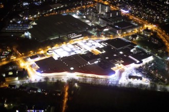 Aerial photo, BERO shopping centre, Bero Center, supermarket, night shot, Oberhausen, Ruhr area,