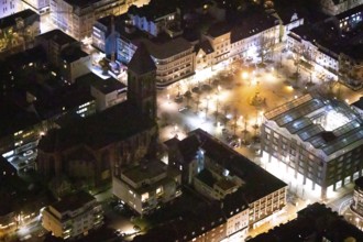 Aerial view, catholic church at the old market, old market, victory column, job centre, night shot,