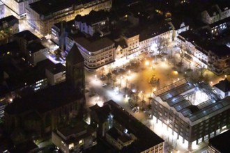 Aerial view, catholic church at the old market, old market, victory column, job centre, night shot,