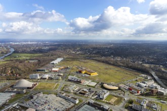 Aerial view, Centro shopping centre, new building POCO Einrichtungsmarkt, Neue Mitte, steelworks
