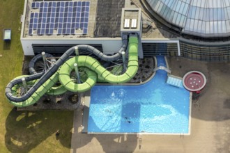 Aerial view, AQUApark Oberhausen adventure pool, outdoor pool, Oberhausen, Ruhr area, North
