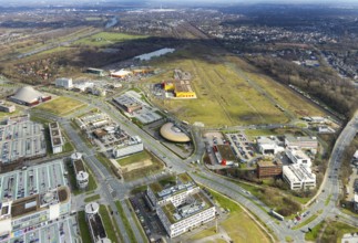 Aerial view, Centro shopping centre, new building POCO Einrichtungsmarkt, Neue Mitte, steelworks