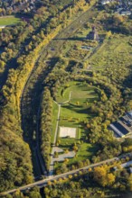Aerial view, tree circle, landscaping Sterkrade, area of the former Sterkrade colliery, football