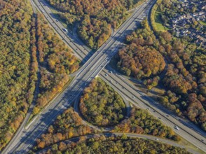 Aerial view, motorway junction Oberhausen, motorway A2, federal road B516, forest area in autumn