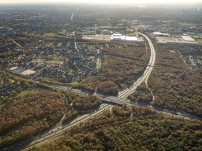 Aerial view, motorway junction Oberhausen, motorway A2, federal road B516, forest area in autumn