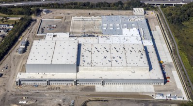 Aerial view, new access road, Oberhausen-Waldteich new EDEKA logistics centre for the Rhine-Ruhr