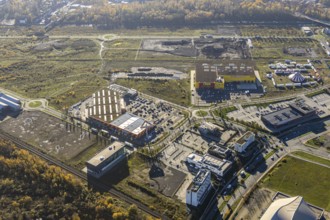 Aerial view, Neue Mitte, CentrO area, construction site Brammenring, Hornbach Baumarkt, Poco