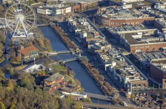 Aerial view, CentrO Promenade, CentrO Ferris wheel, canal, Marienviertel Ost, Oberhausen, Ruhr