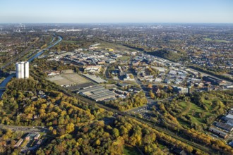 Aerial view, gasometer renovation, covered gasometer, CentrO Ferris wheel, Rhine-Herne Canal, River