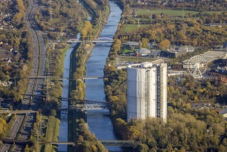 Aerial view, gasometer renovation, covered gasometer, Rhine-Herne Canal, river Emscher,