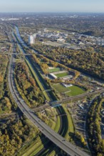 Aerial view, gasometer renovation, covered gasometer, Rhine-Herne Canal, river Emscher,